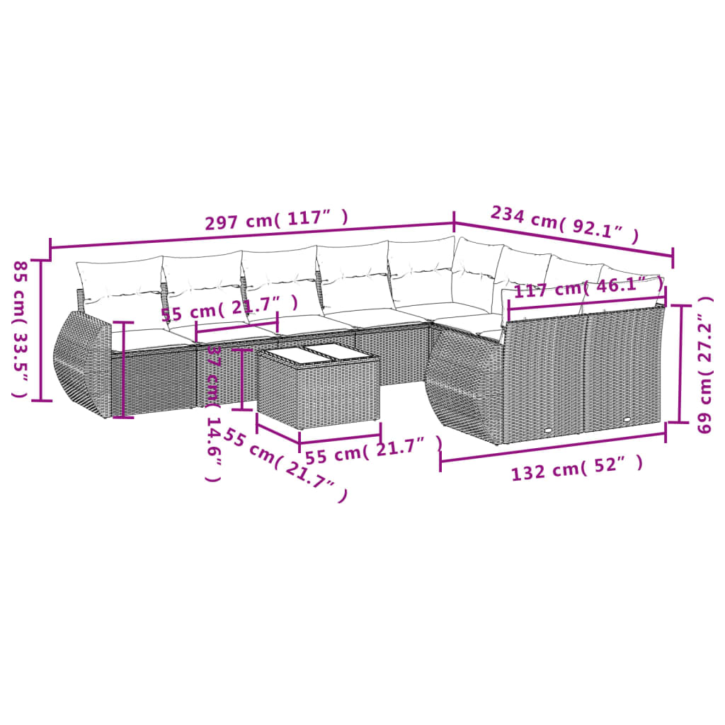 Set Divani da Giardino 10pz con Cuscini in Polyrattan Nero | homemem39