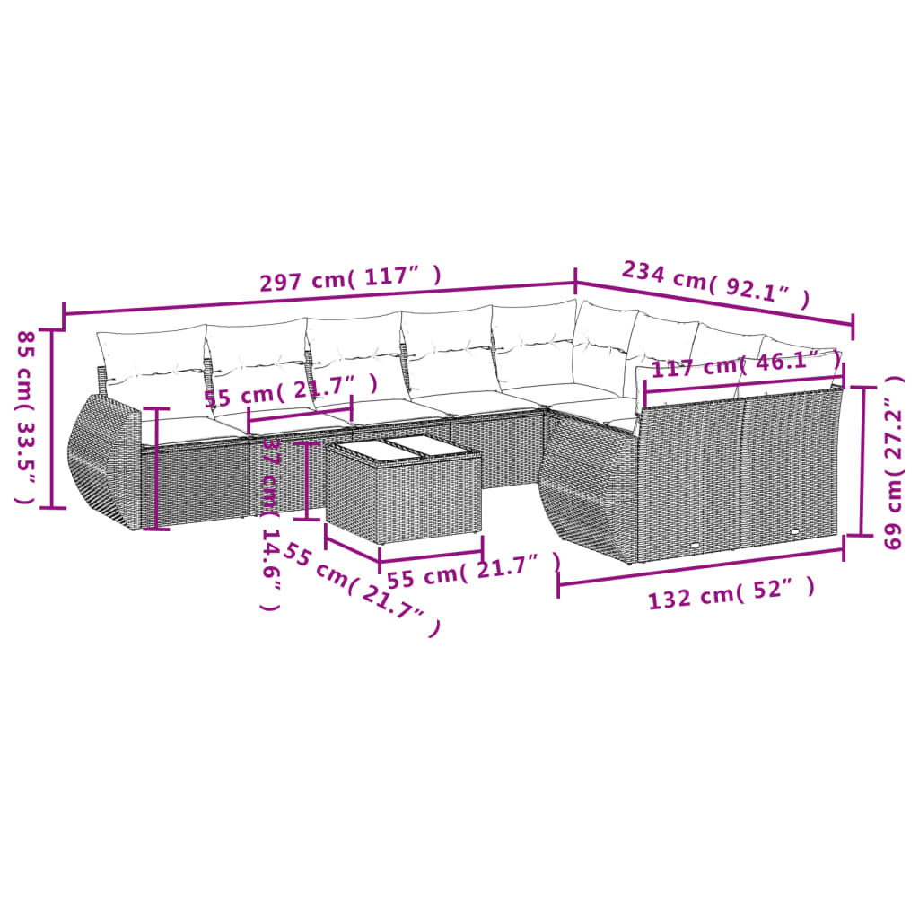 Set Divano da Giardino 10 pz con Cuscini Grigio in Polyrattan