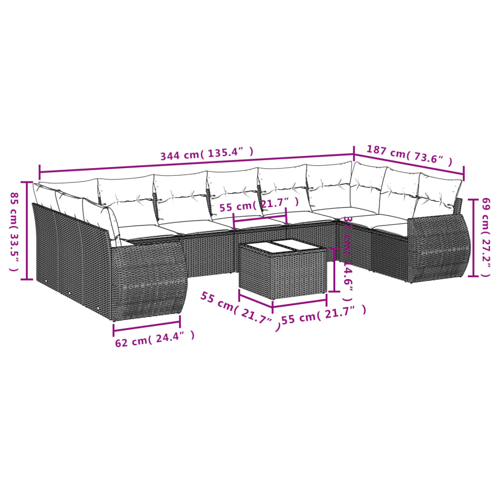 Set Divano da Giardino 10 pz con Cuscini Grigio in Polyrattan | homemem39