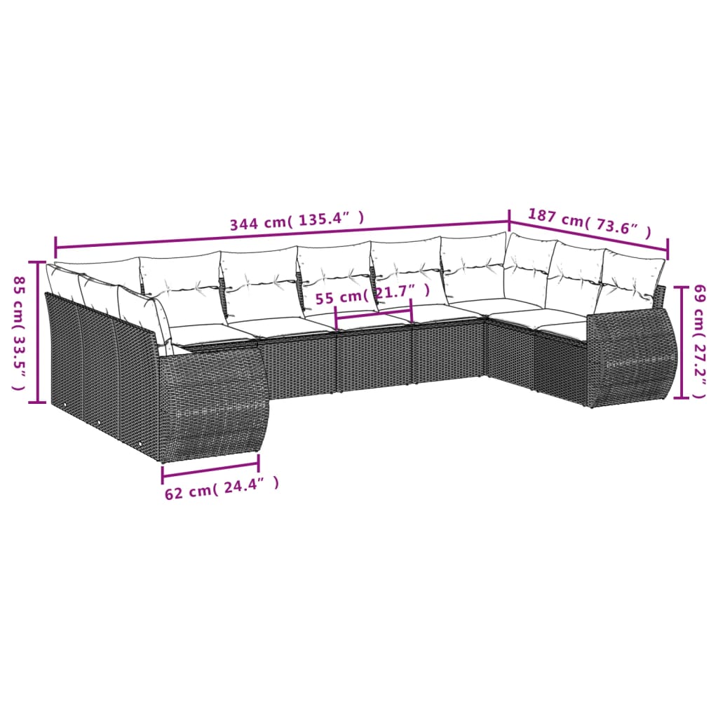 Set Divani da Giardino 11 pz con Cuscini in Polyrattan Nero | homemem39