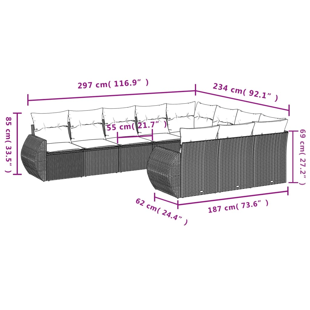Set Divano da Giardino 10 pz con Cuscini Beige in Polyrattan | homemem39