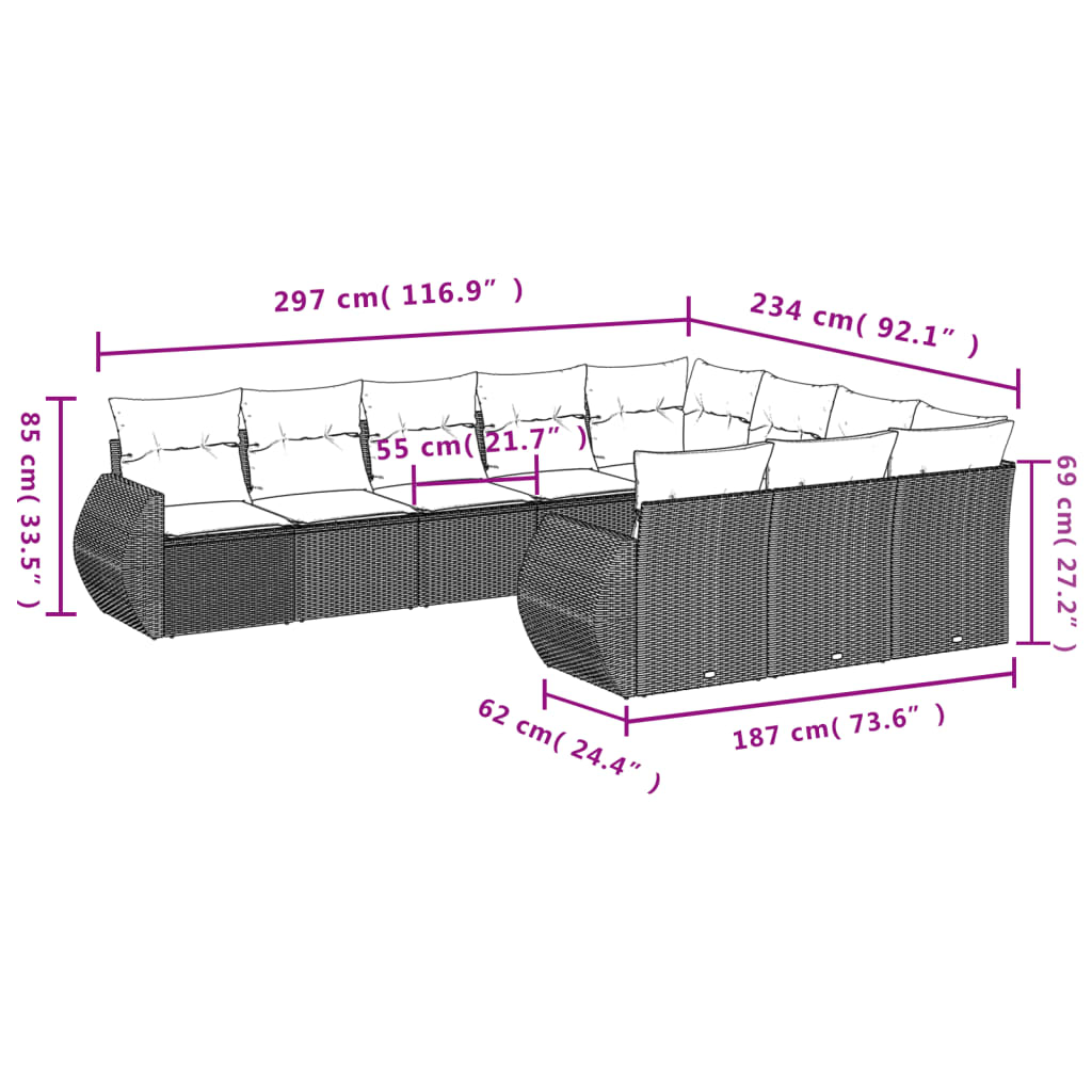 Set Divano da Giardino 10 pz con Cuscini Grigio in Polyrattan | homemem39