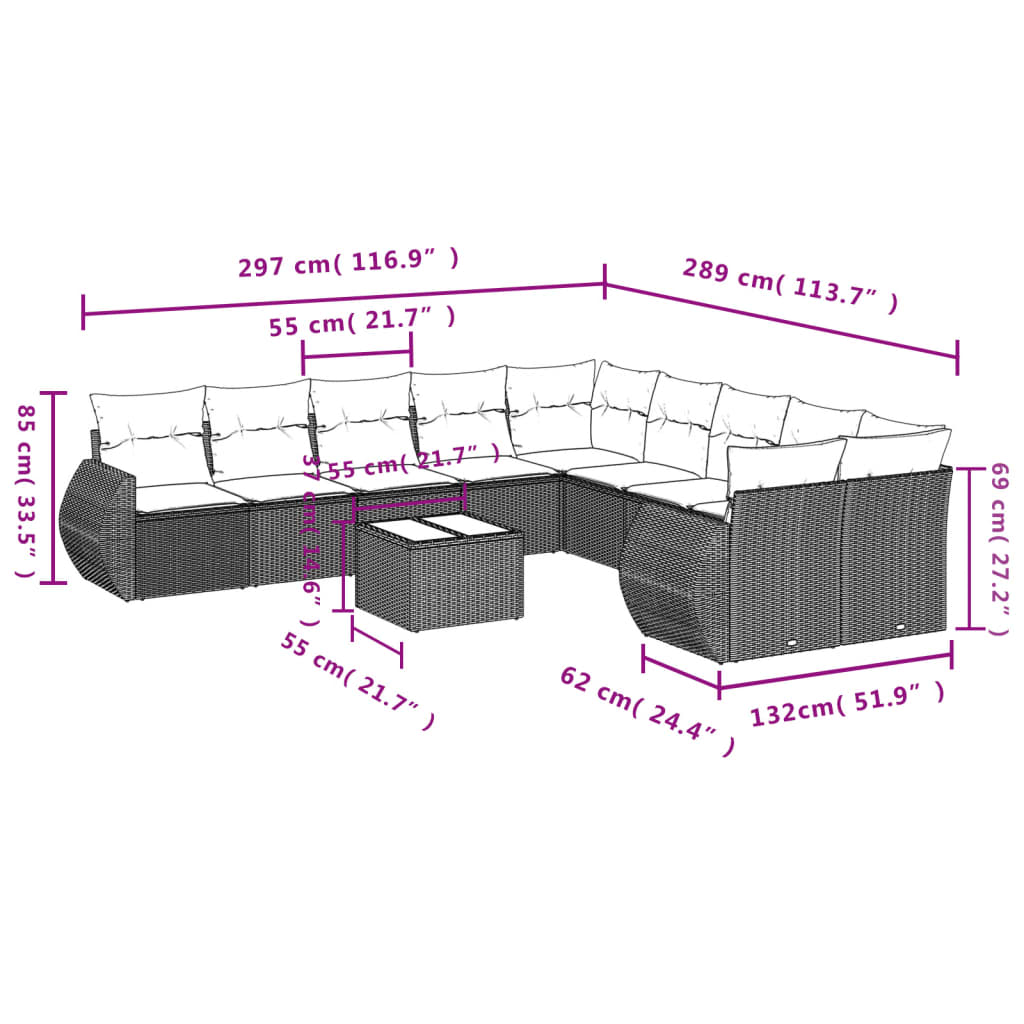 Set Divani da Giardino 11 pz con Cuscini in Polyrattan Nero | homemem39
