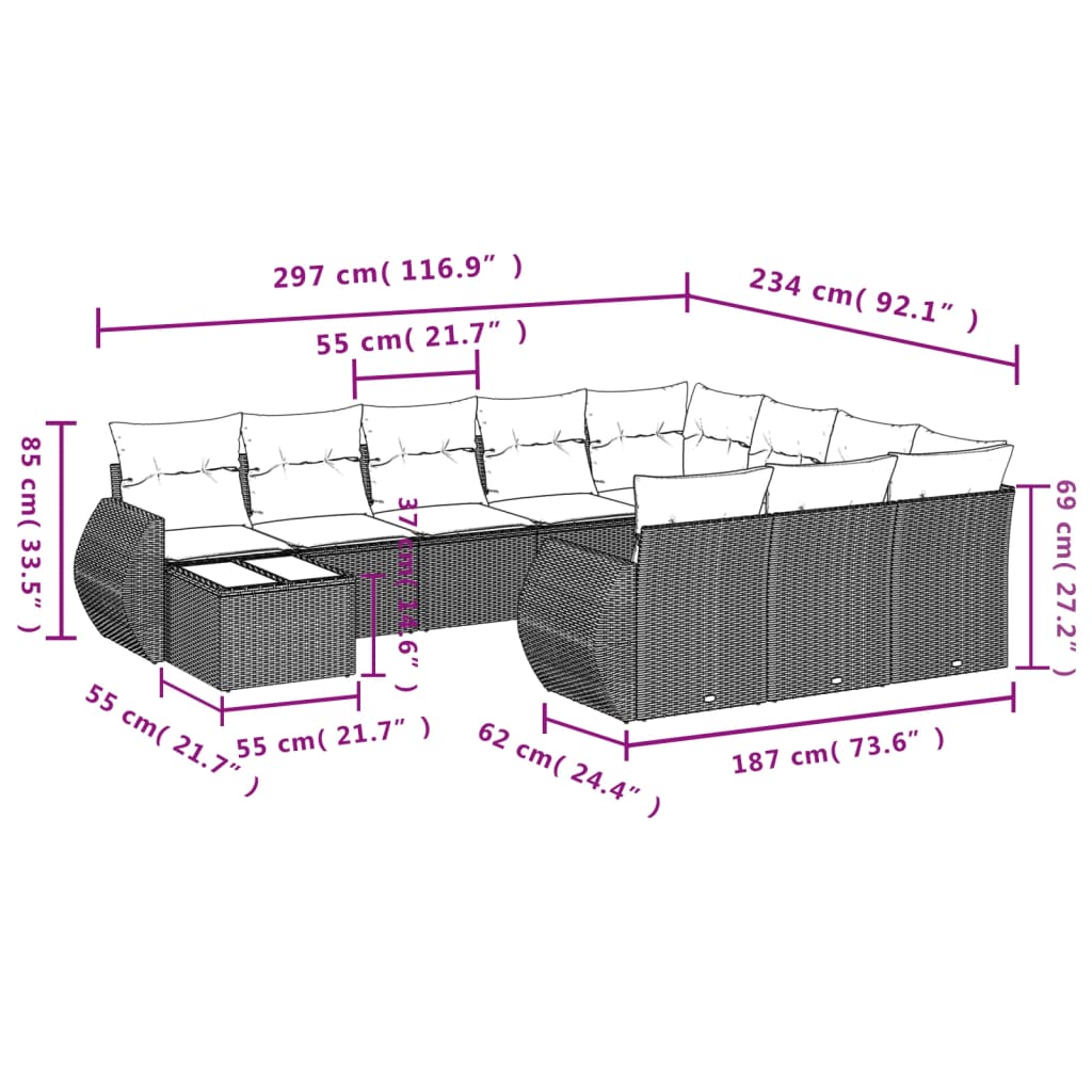 Set Divani da Giardino 11 pz con Cuscini in Polyrattan Nero | homemem39