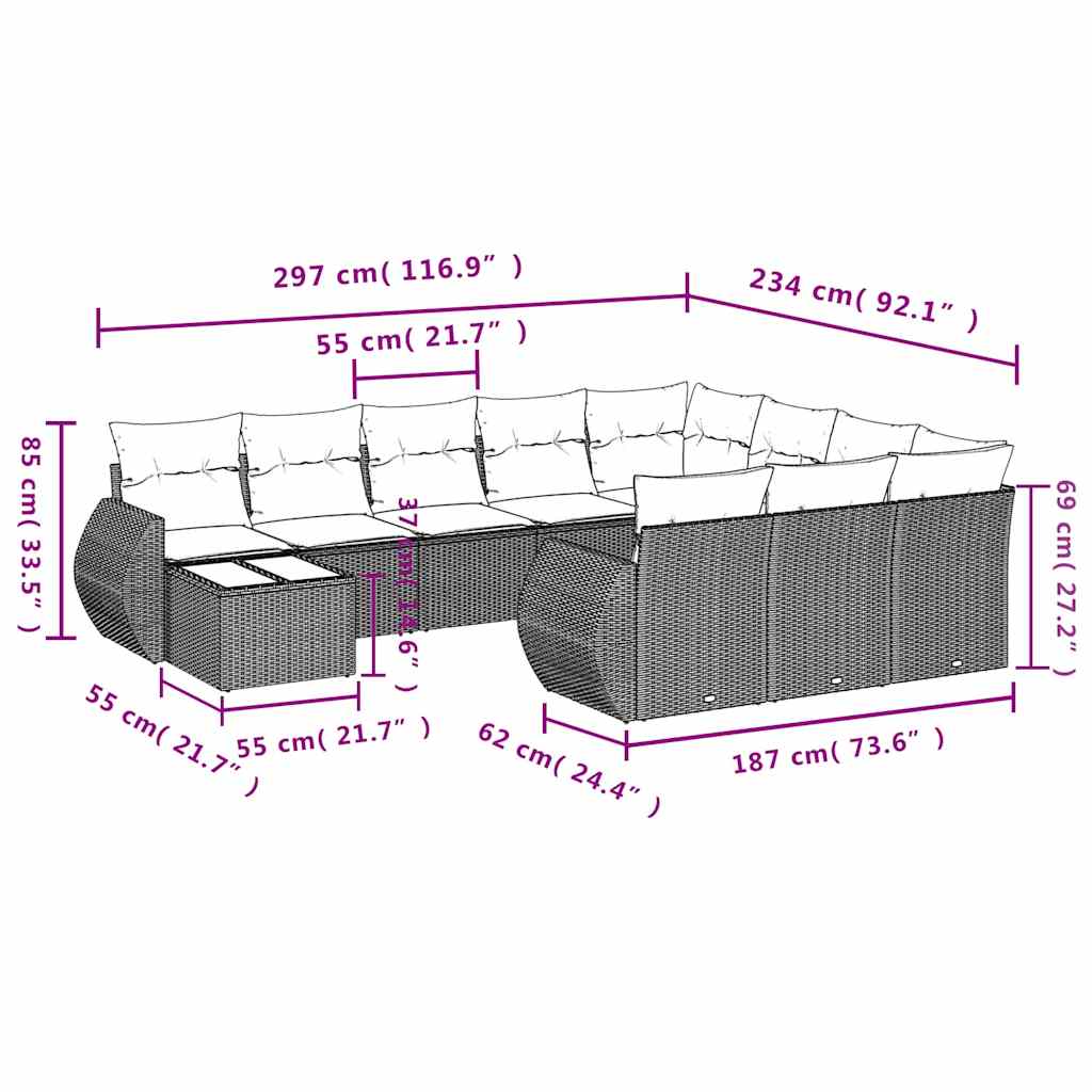 Set Divani da Giardino 11 pz con Cuscini in Polyrattan Grigio