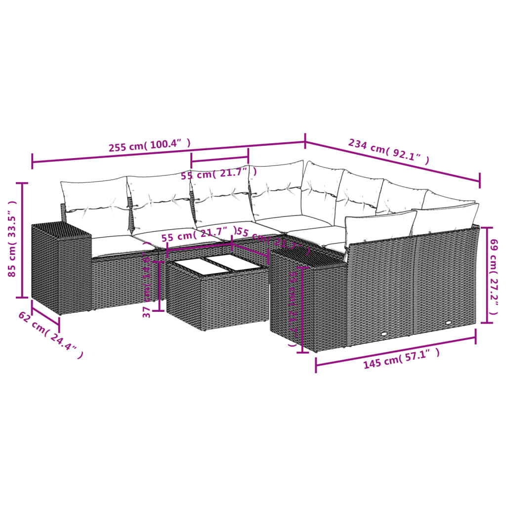 Set Divani da Giardino 9 pz con Cuscini Nero in Polyrattan | homemem39