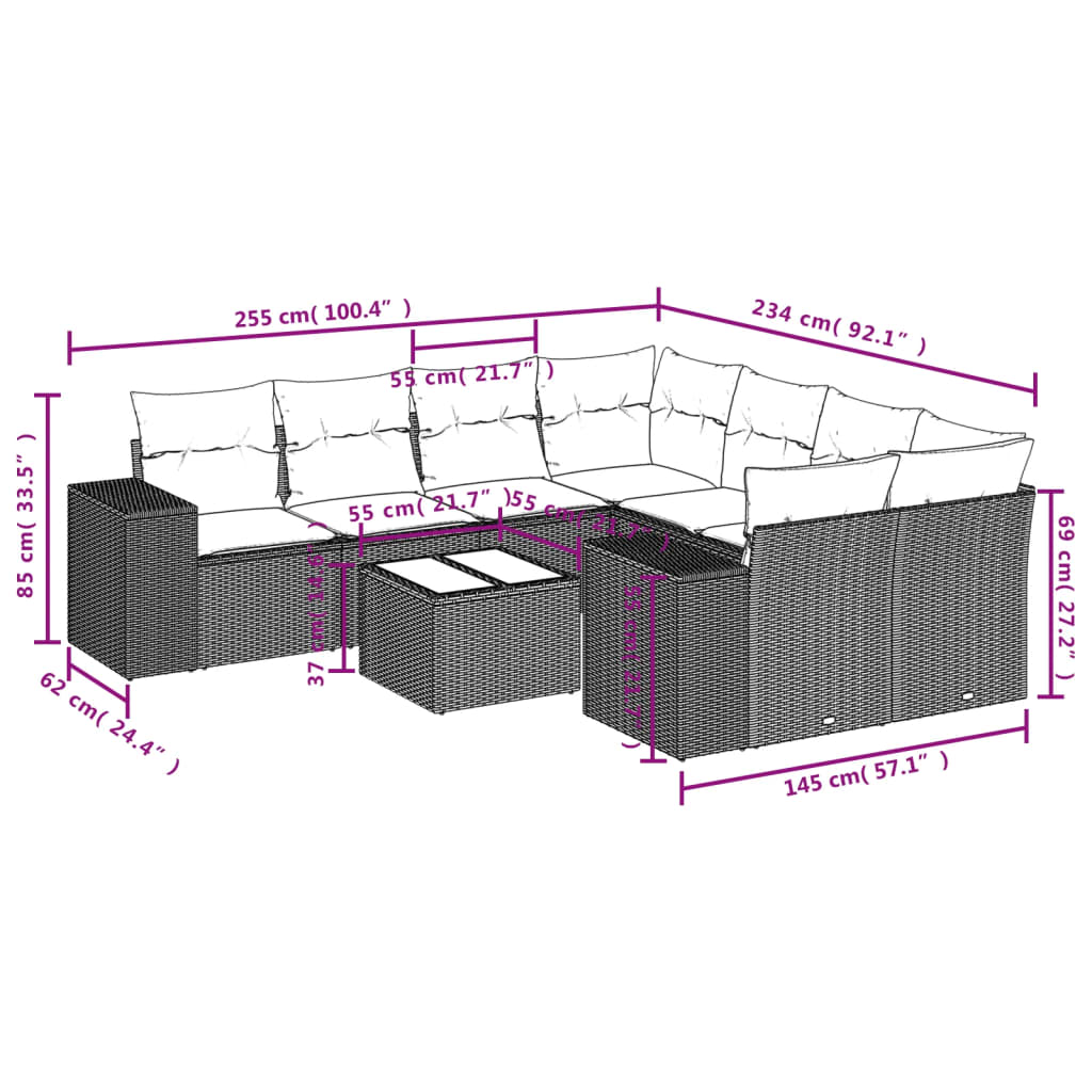 Set Divano da Giardino 9 pz con Cuscini Grigio in Polyrattan | homemem39