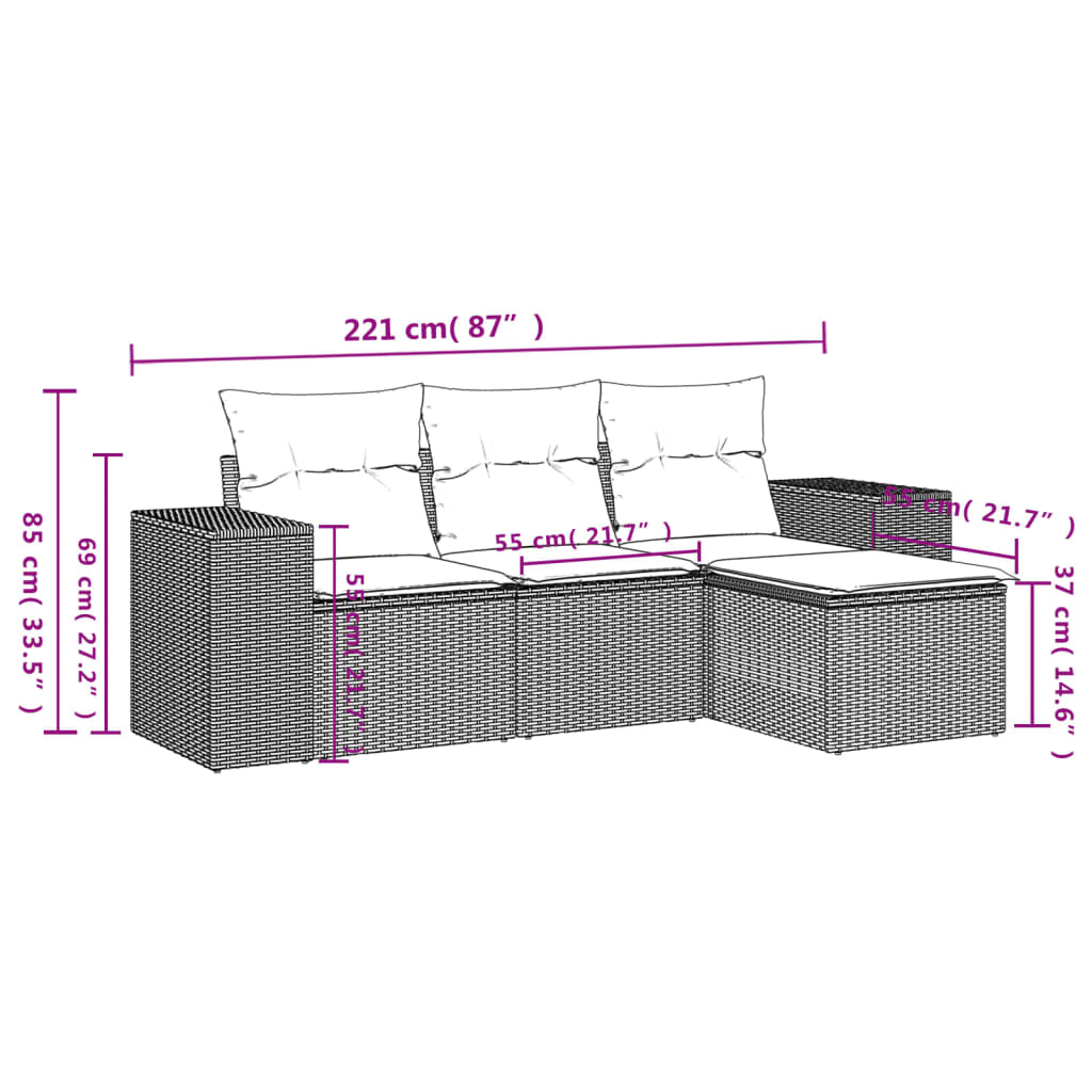Set Divani da Giardino 4 pz con Cuscini Nero in Polyrattan | homemem39