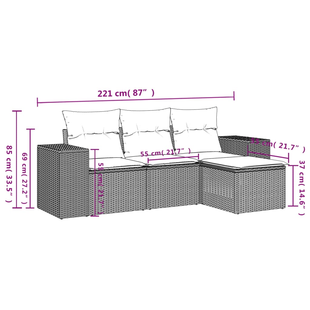 Set Divani da Giardino 4 pz con Cuscini Nero in Polyrattan | homemem39