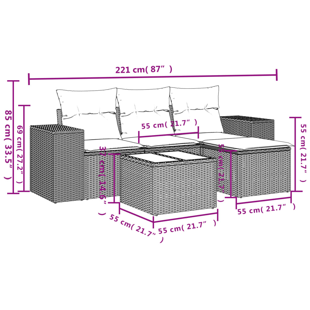 Set Divani da Giardino 5 pz con Cuscini in Polyrattan Nero | homemem39