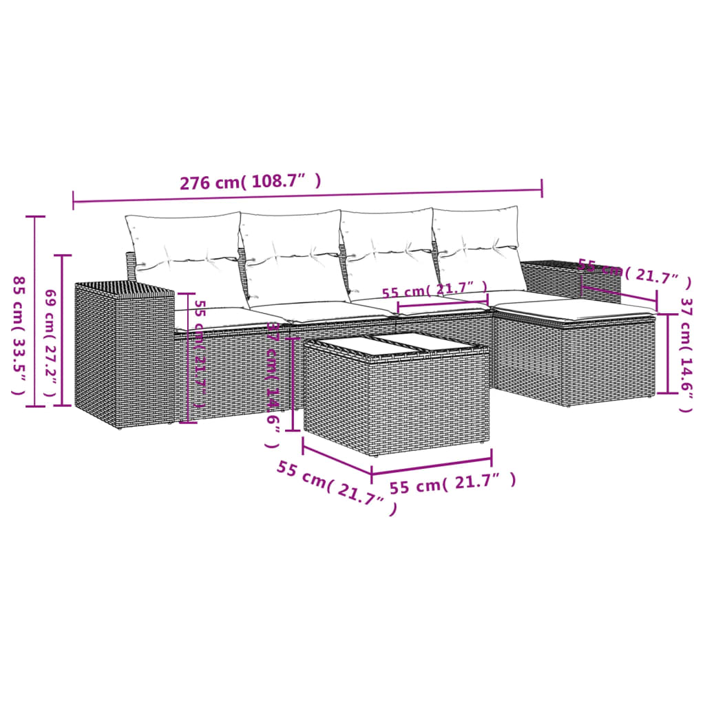 Set Divano da Giardino 6 pz con Cuscini Grigio in Polyrattan | homemem39