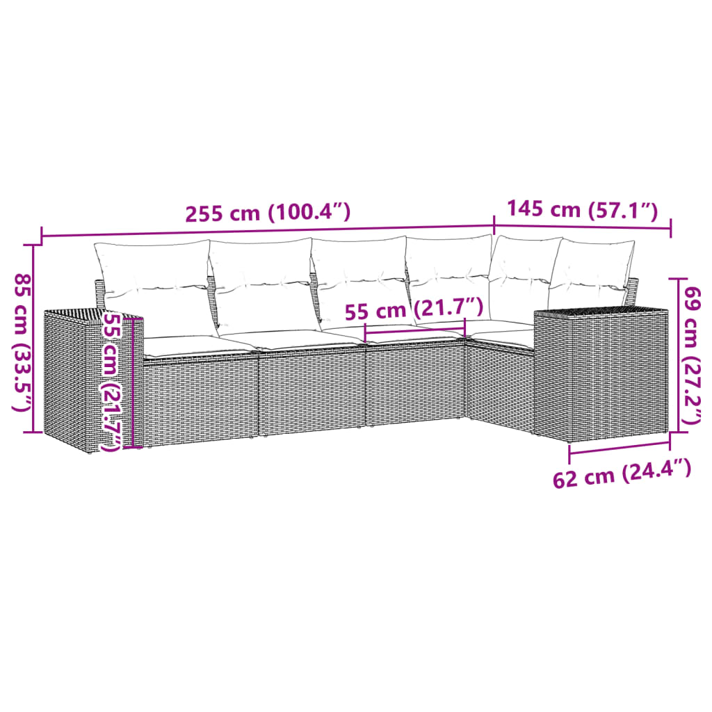 Set Divano da Giardino 5 pz con Cuscini Beige in Polyrattan | homemem39