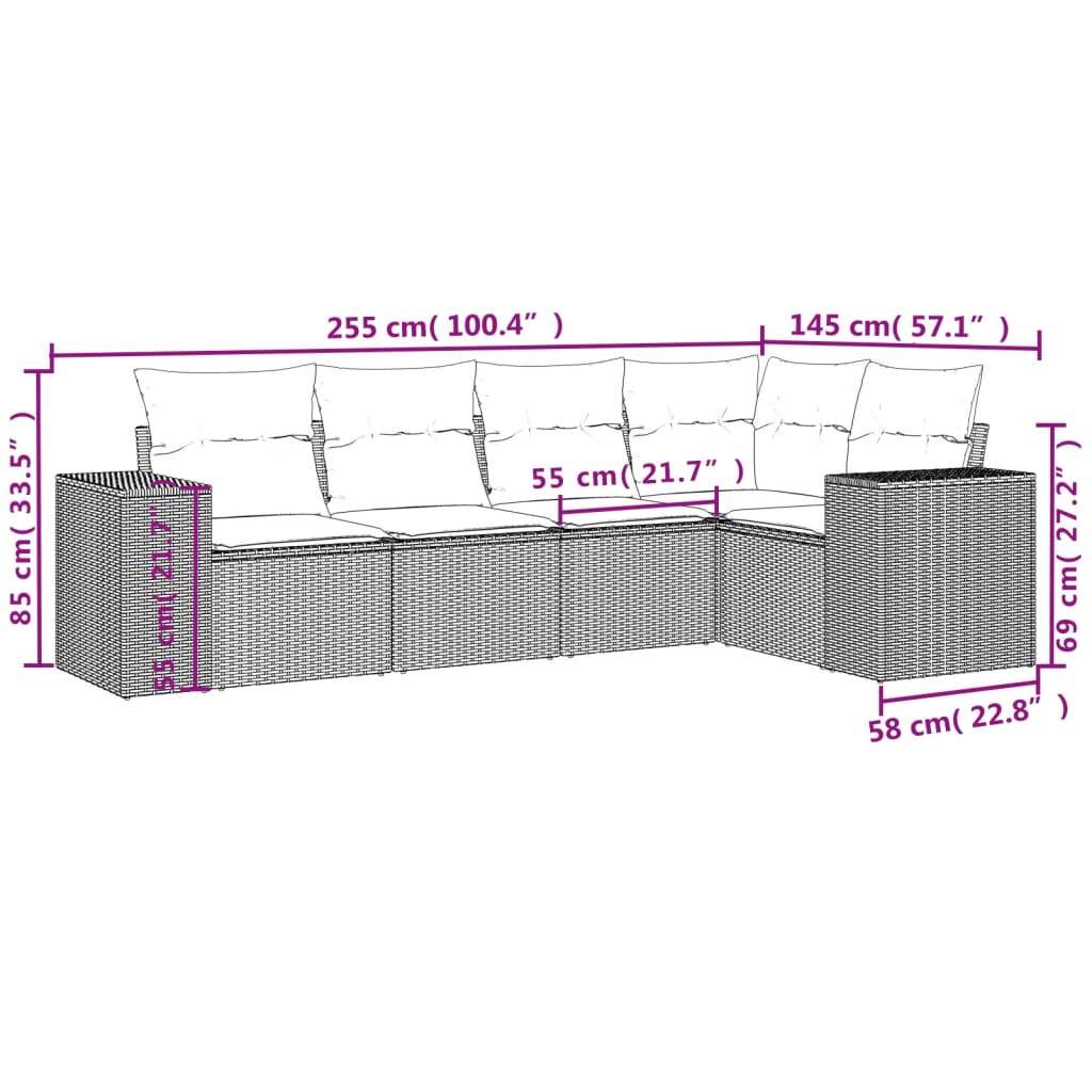 Set Divano da Giardino 5pz con Cuscini Grigio Chiaro Polyrattan