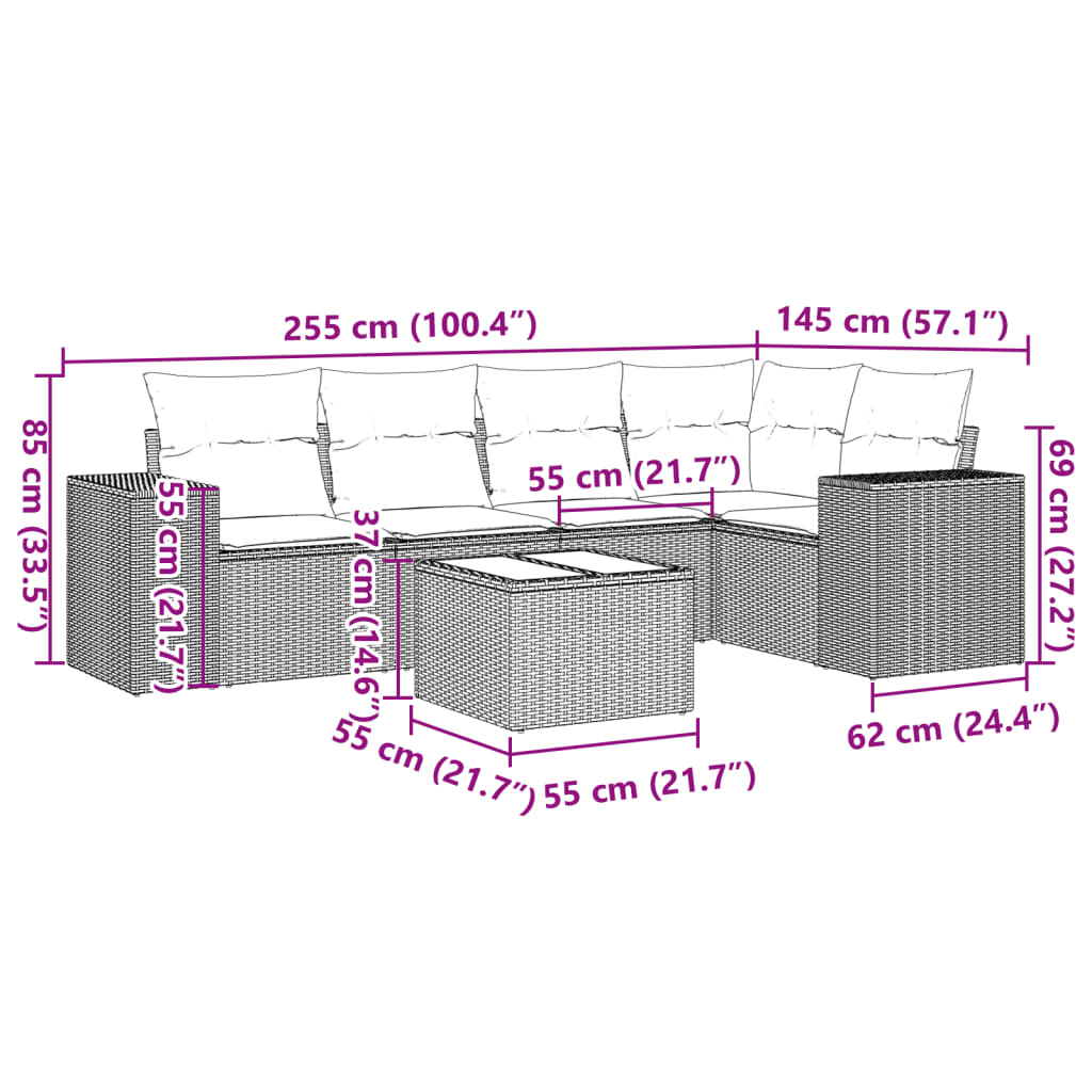 Set Divano da Giardino 6 pz con Cuscini Nero in Polyrattan