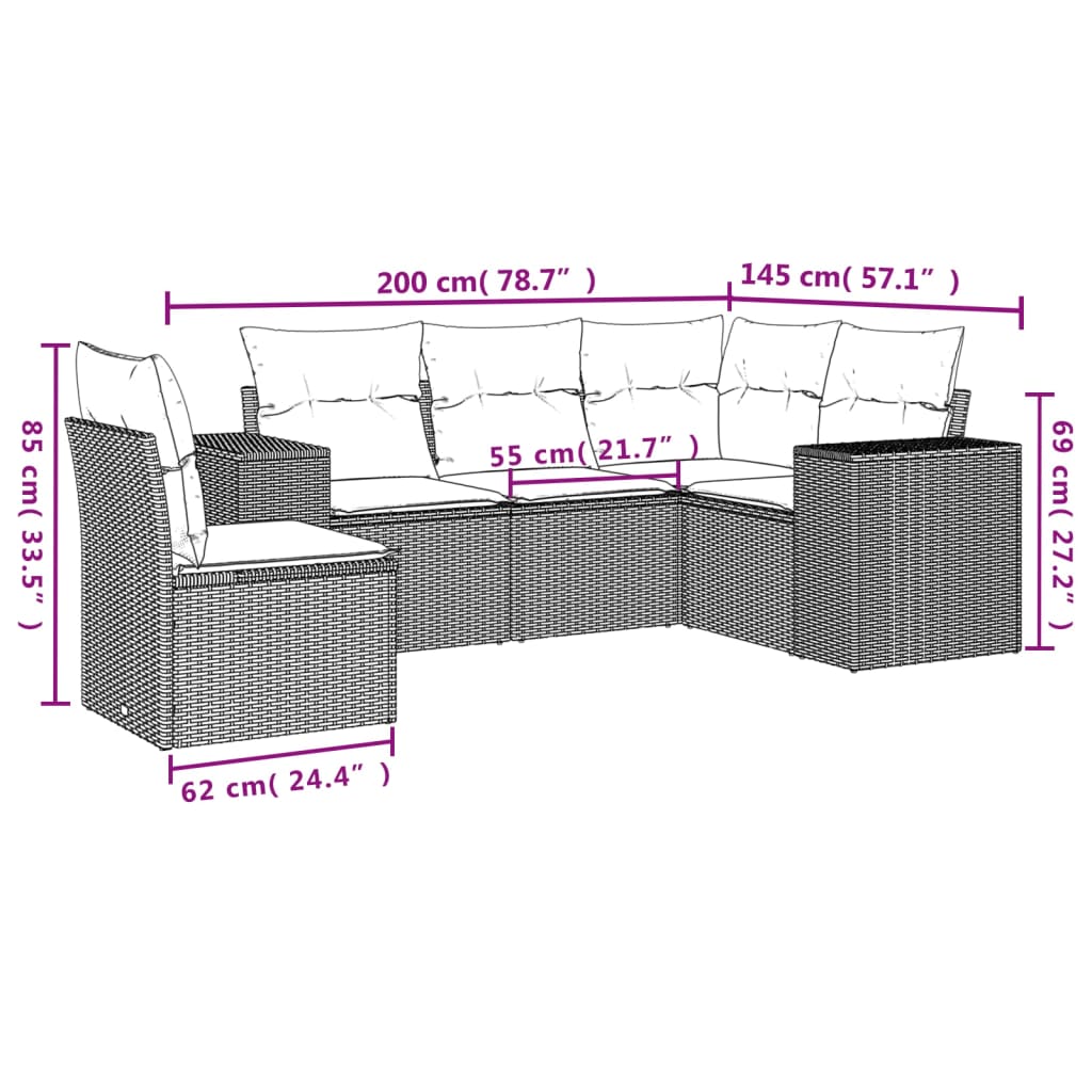 Set Divano da Giardino 5 pz con Cuscini Marrone in Polyrattan | homemem39