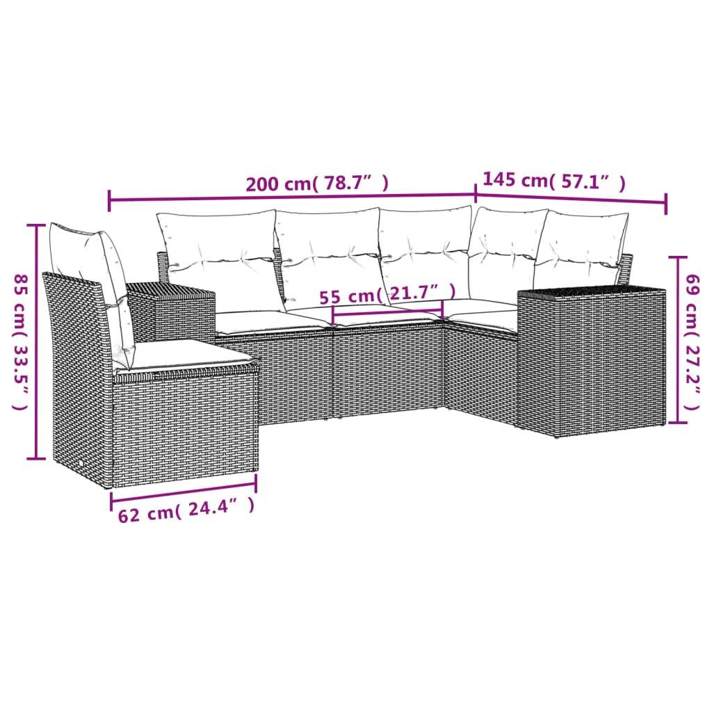 Set Divano da Giardino 5 pz con Cuscini Marrone in Polyrattan