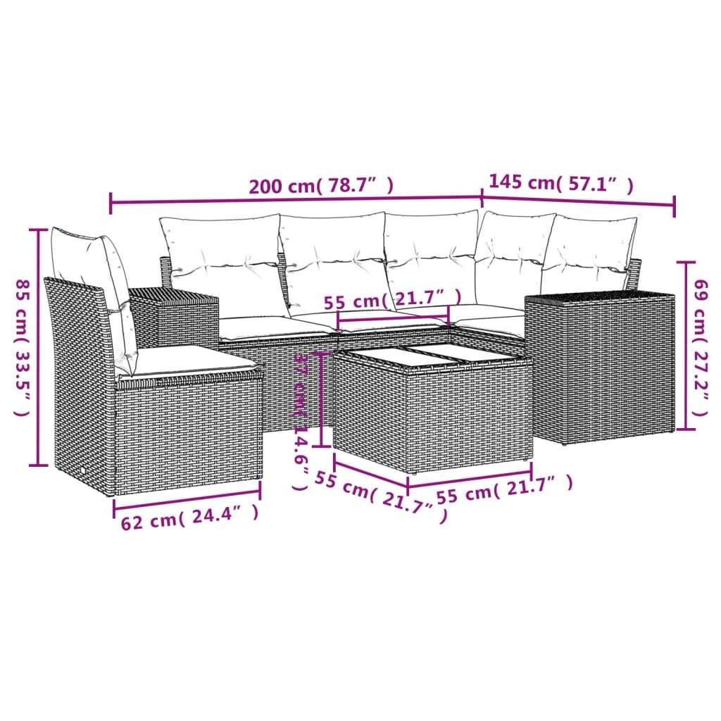 Set Divano da Giardino 6 pz con Cuscini Nero in Polyrattan