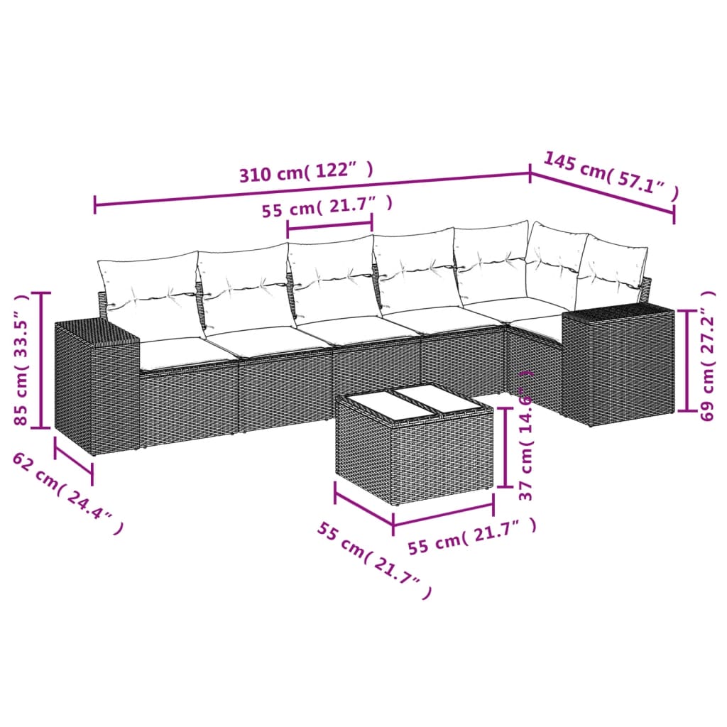 Set Divani da Giardino 7 pz con Cuscini Marrone in Polyrattan | homemem39