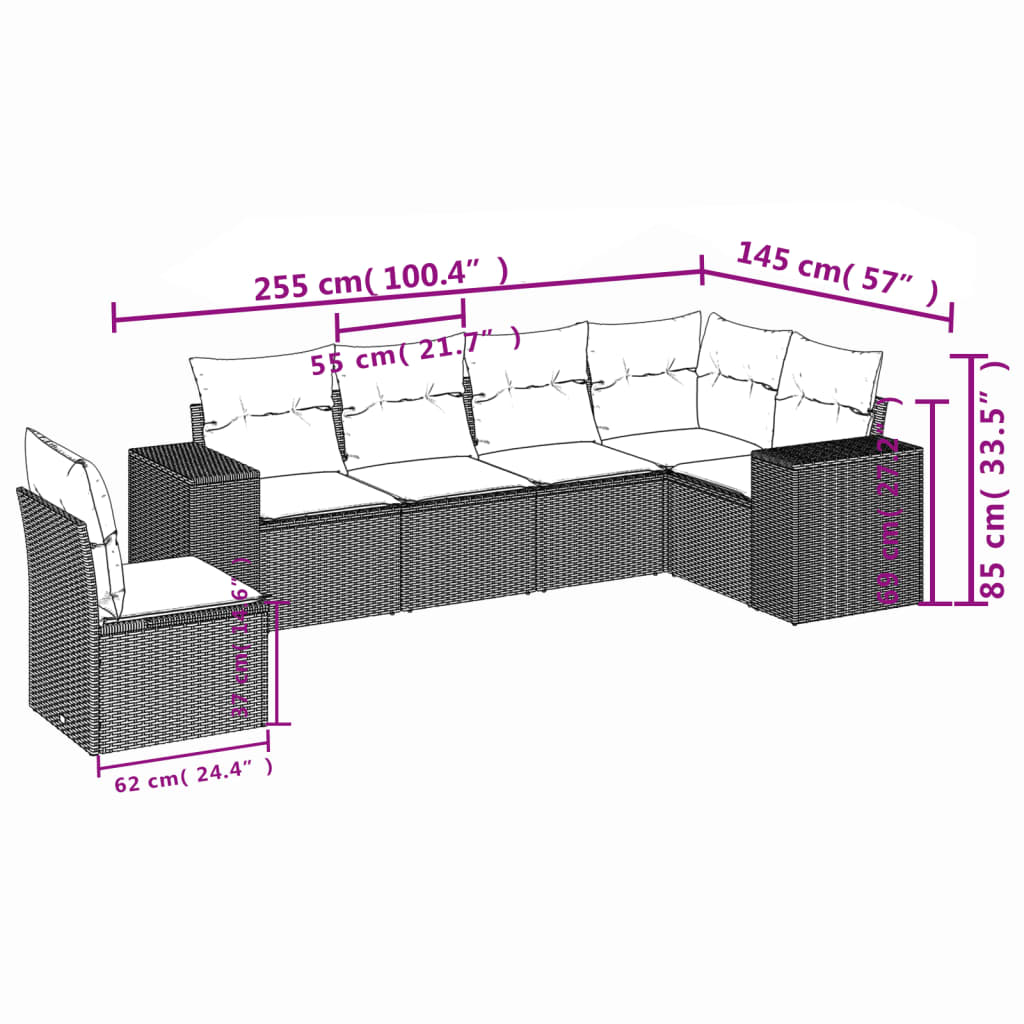 Set Divano da Giardino 6 pz con Cuscini Beige in Polyrattan