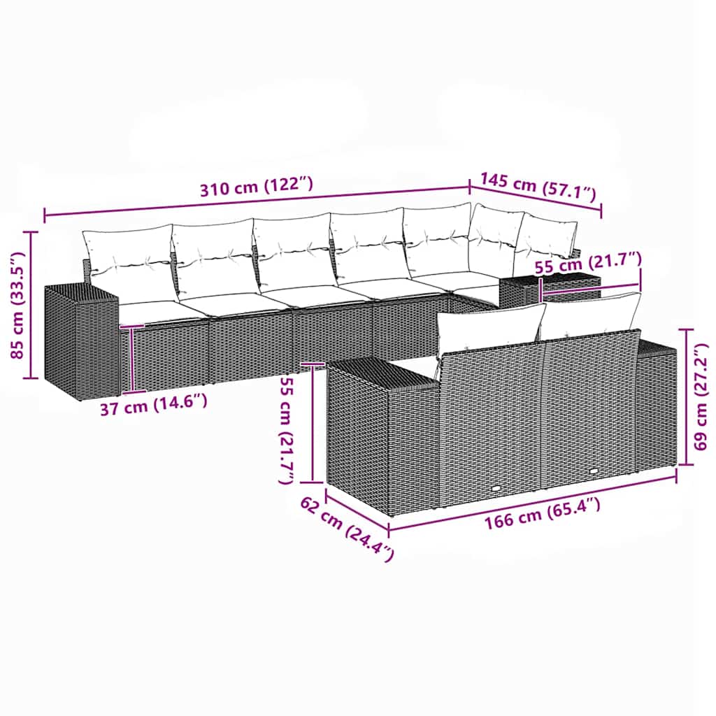 Set Divani da Giardino con Cuscini 8 pz Nero in Polyrattan