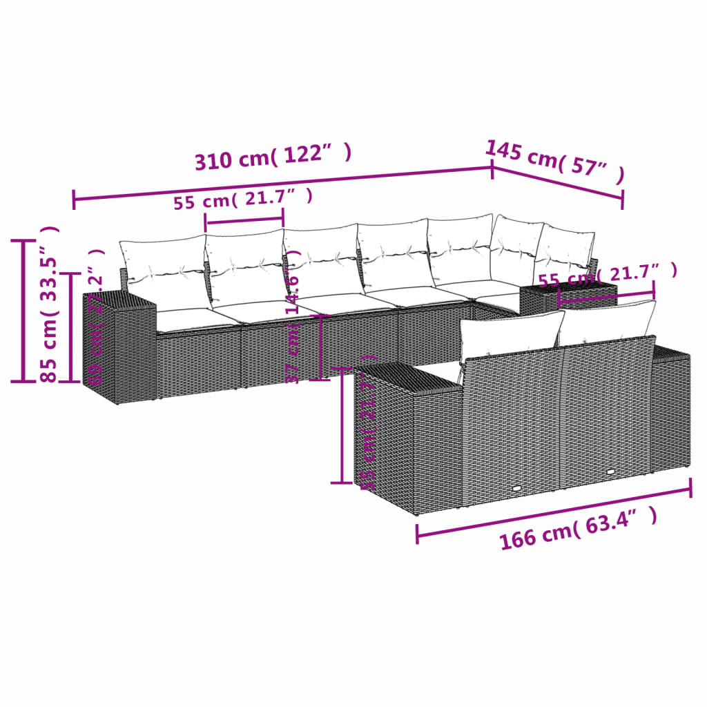 Set Divani da Giardino 8 pz con Cuscini Marrone in Polyrattan | homemem39