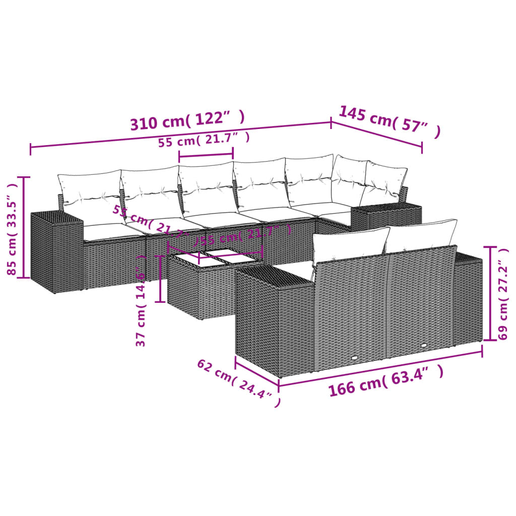 Set Divano da Giardino 9 pz con Cuscini Grigio in Polyrattan | homemem39