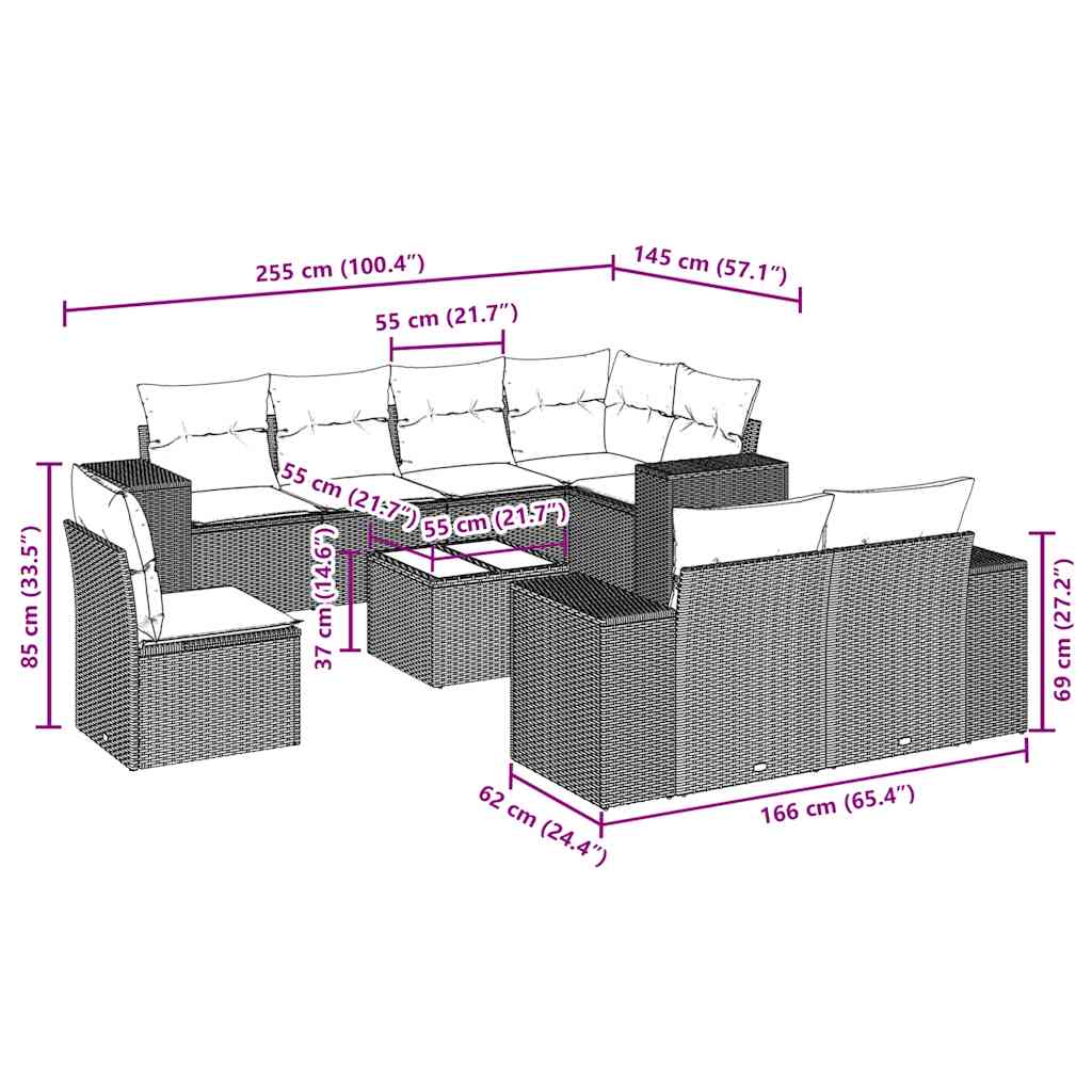 Set Divani da Giardino 9 pz con Cuscini Nero in Polyrattan | homemem39