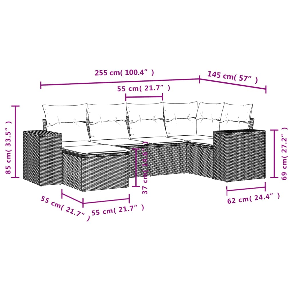 Set Divano da Giardino 6 pz con Cuscini Nero in Polyrattan | homemem39