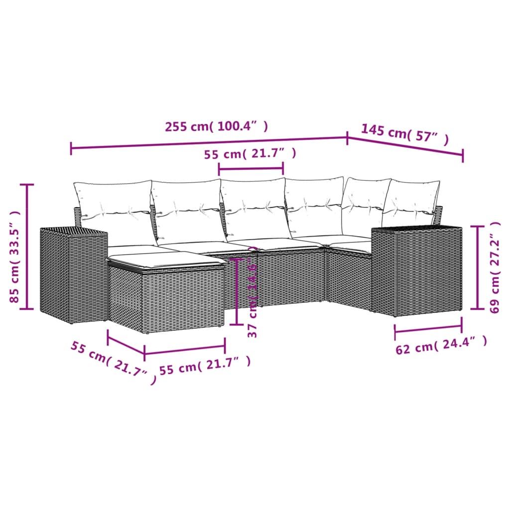 Set Divano da Giardino 6 pz con Cuscini Nero in Polyrattan | homemem39