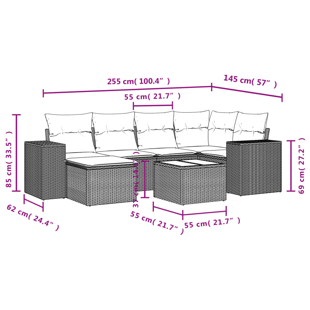 Set Divani da Giardino 7 pz con Cuscini Grigio in Polyrattan