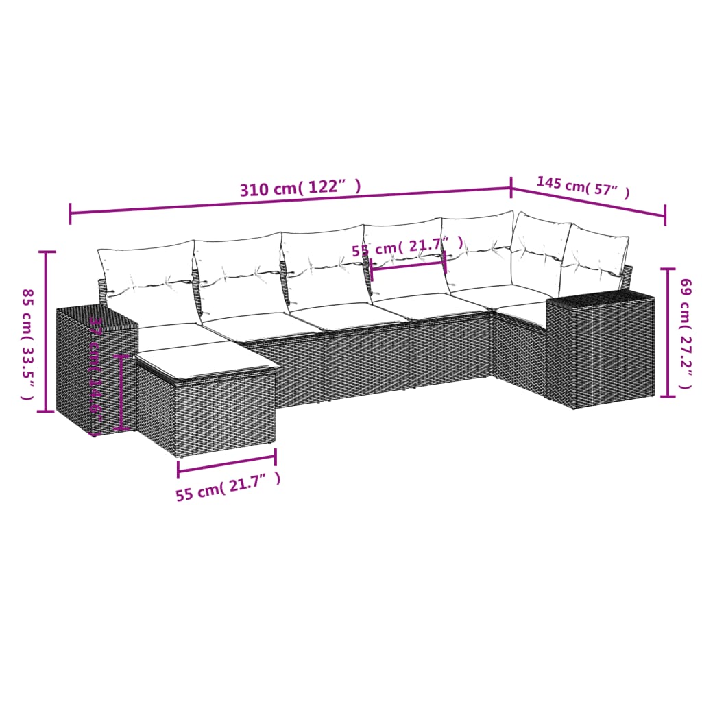 Set Divani da Giardino con Cuscini 7pz Nero Polyrattan