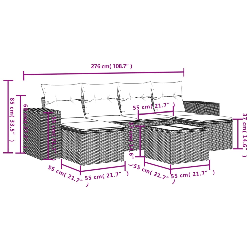 Set Divani da Giardino 7 pz con Cuscini Beige in Polyrattan