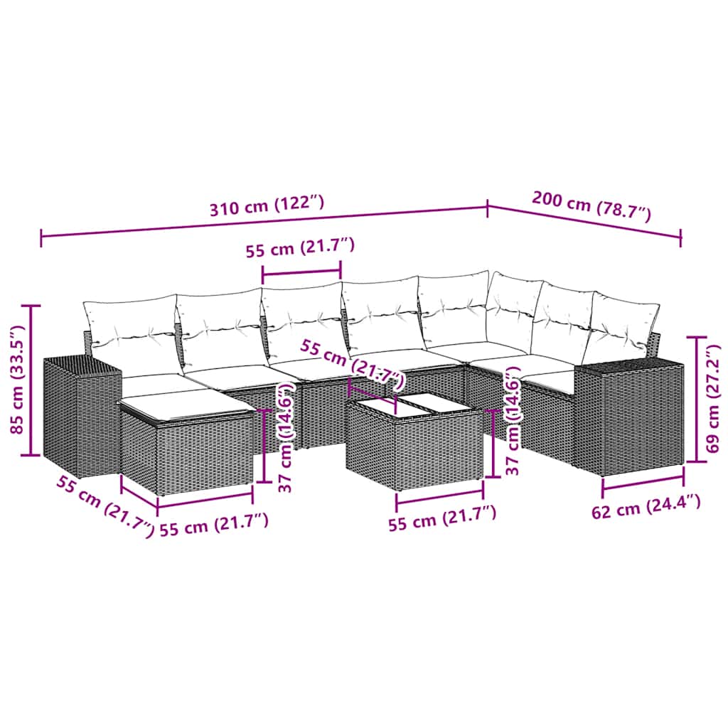 Set Divani da Giardino 9 pz con Cuscini Nero in Polyrattan | homemem39