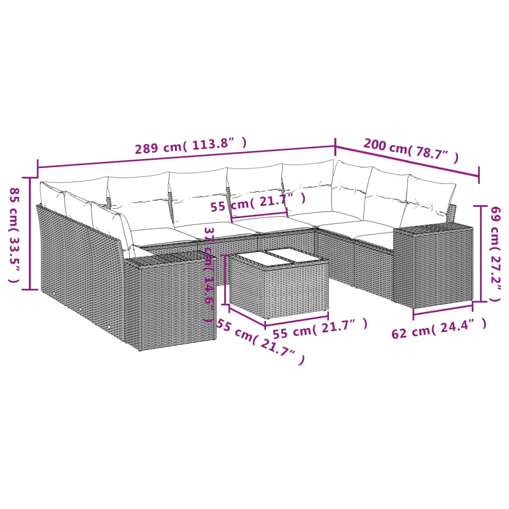 Set Divani da Giardino 10pz con Cuscini in Polyrattan Nero | homemem39
