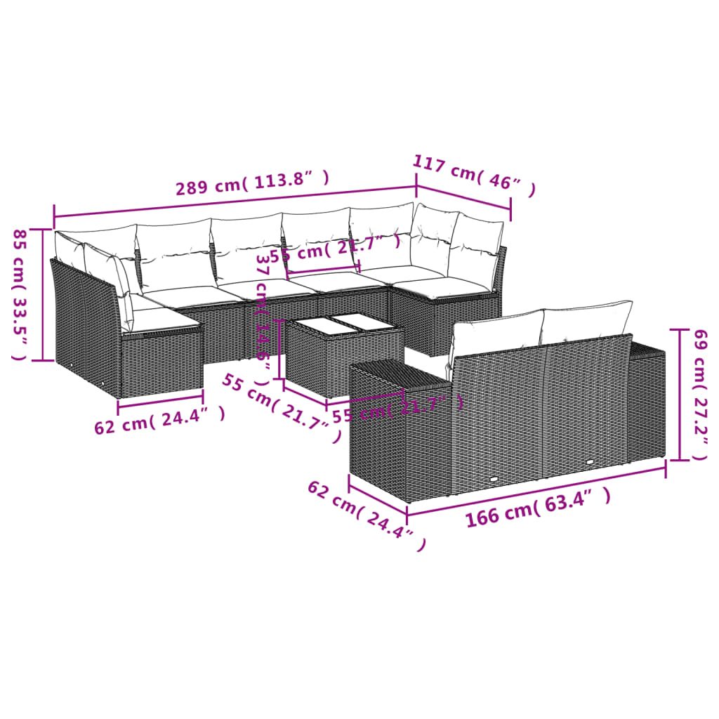 Set Divano da Giardino 10 pz con Cuscini Grigio in Polyrattan | homemem39