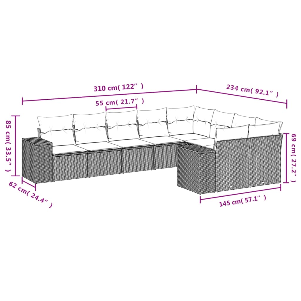 Set Divani da Giardino 9 pz con Cuscini Nero in Polyrattan