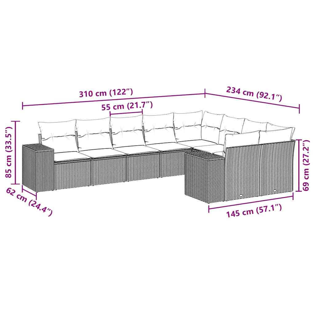 Set Divani da Giardino 9 pz con Cuscini Nero in Polyrattan