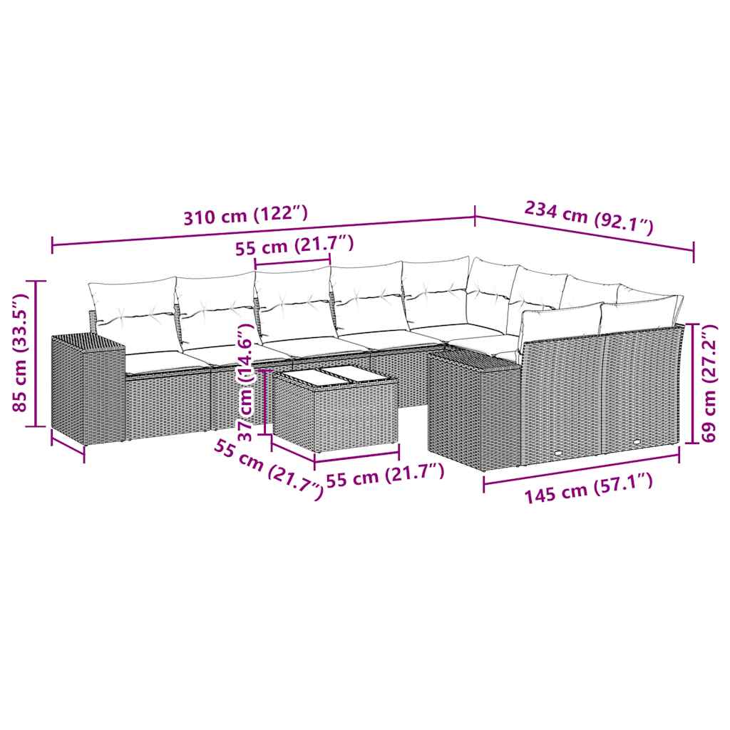 Set Divani da Giardino 10pz con Cuscini in Polyrattan Nero