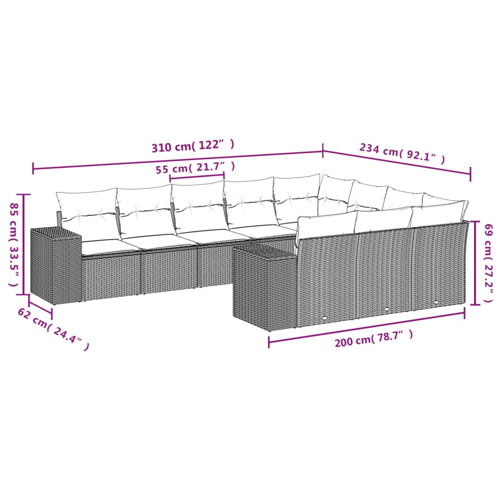 Set Divano da Giardino 10 pz con Cuscini Beige in Polyrattan | homemem39