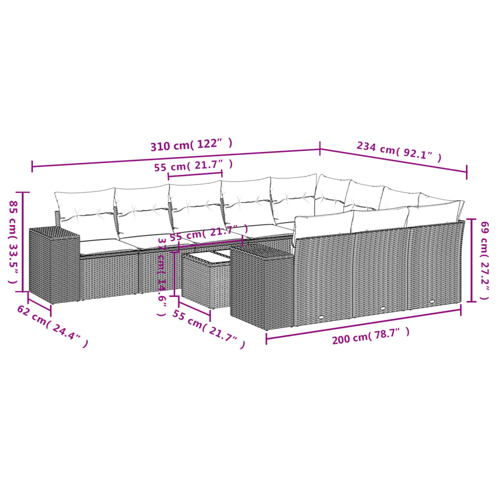 Set Divani da Giardino 11 pz con Cuscini in Polyrattan Nero