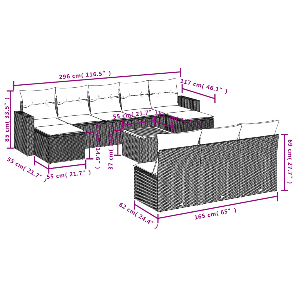 Set Divano da Giardino 11 pz con Cuscini Beige Misto Polyrattan | homemem39