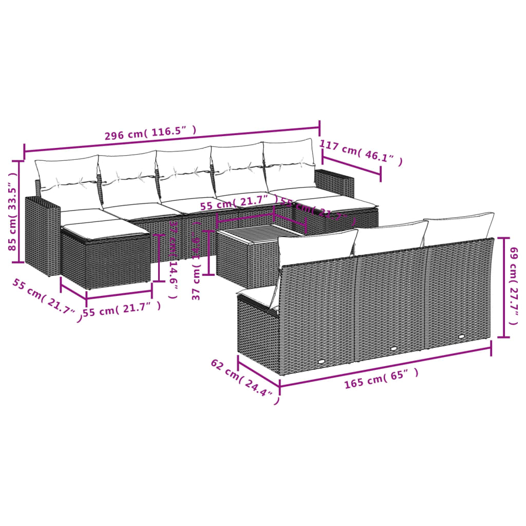 Set Divani da Giardino 11 pz con Cuscini in Polyrattan Grigio | homemem39