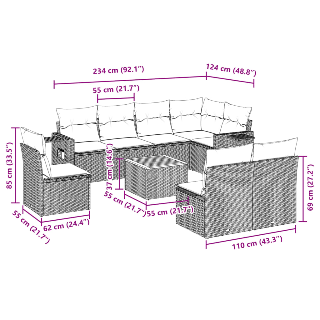 Set Divani da Giardino 9 pz con Cuscini Nero in Polyrattan | homemem39