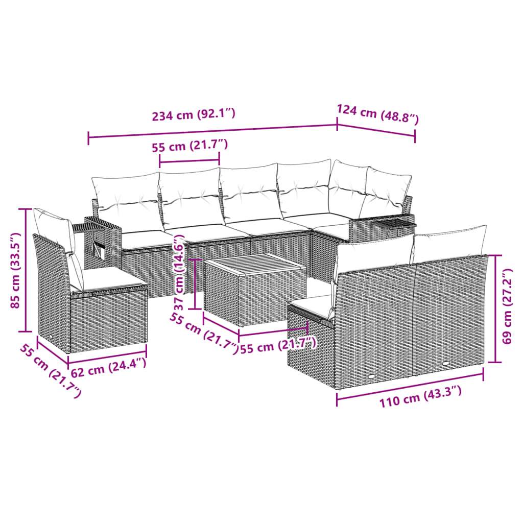 Set Divani da Giardino 9 pz con Cuscini Nero in Polyrattan