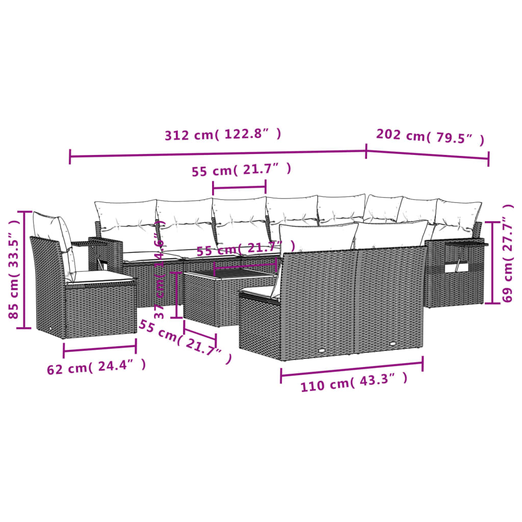 Set Divani da Giardino 11 pz con Cuscini in Polyrattan Grigio | homemem39