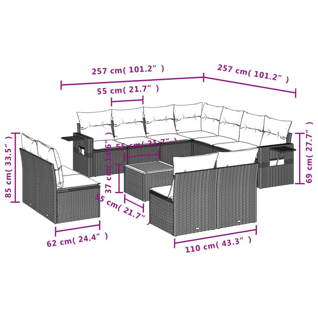Set Divani da Giardino 12 pz con Cuscini Nero in Polyrattan | homemem39