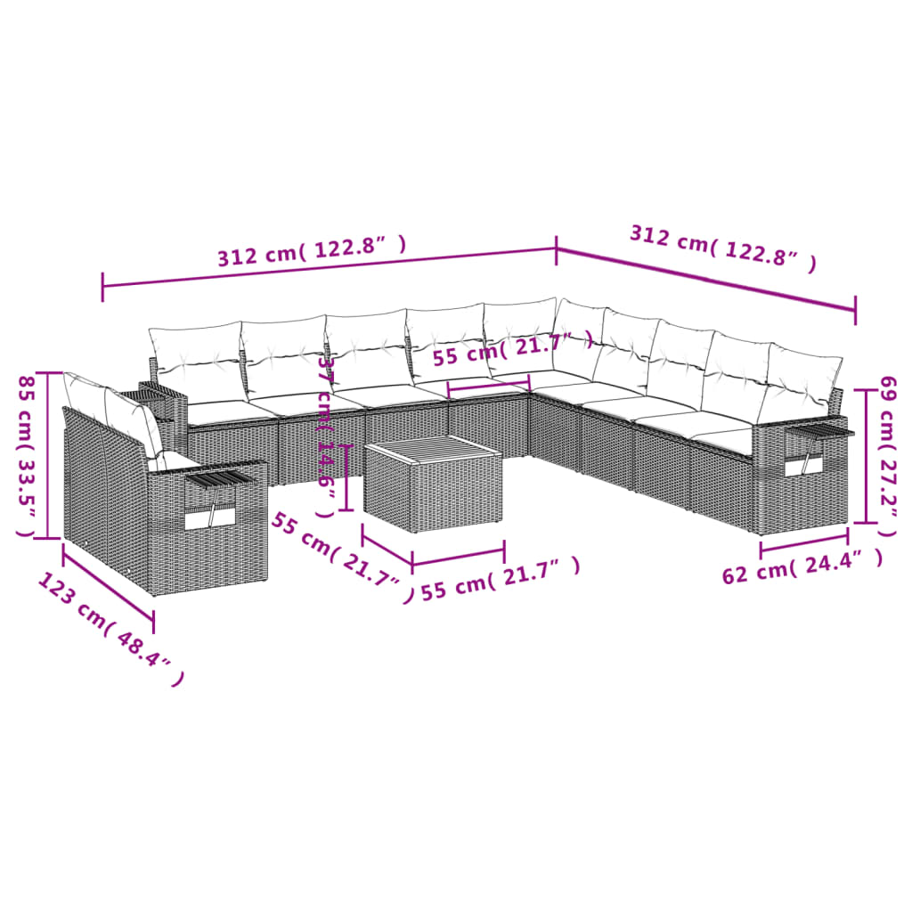 Set Divani da Giardino 12 pz con Cuscini Nero in Polyrattan | homemem39