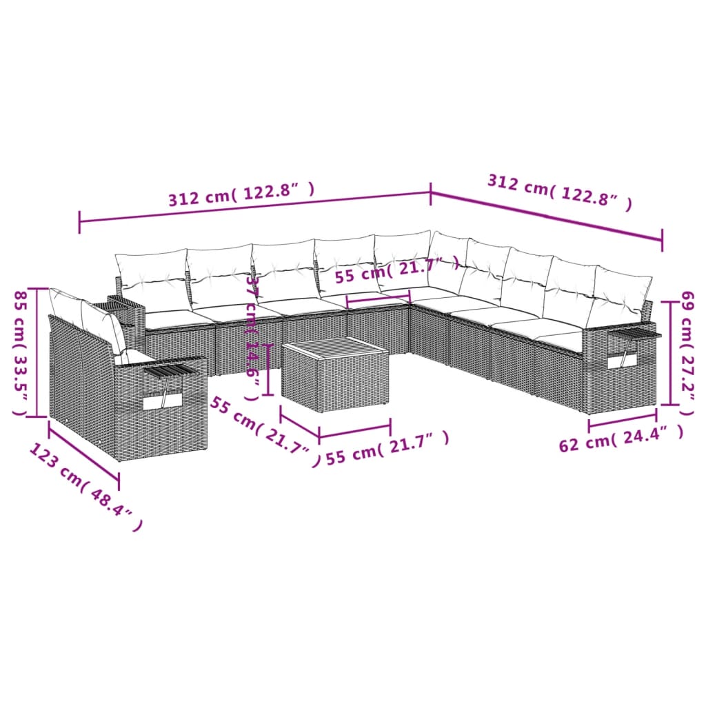 Set Divani da Giardino 12 pz con Cuscini Grigio in Polyrattan | homemem39