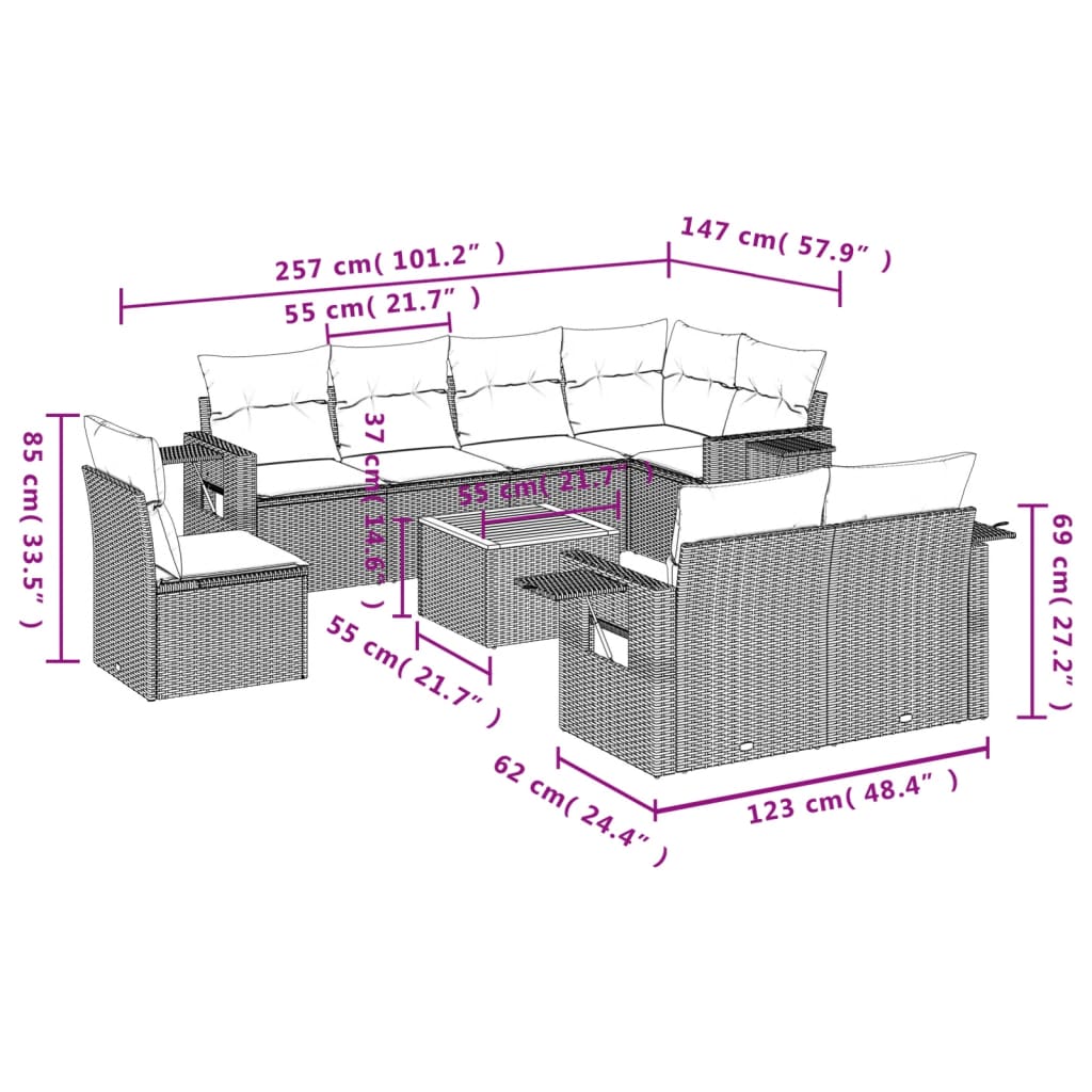 Set Divani da Giardino 9 pz con Cuscini Nero in Polyrattan | homemem39