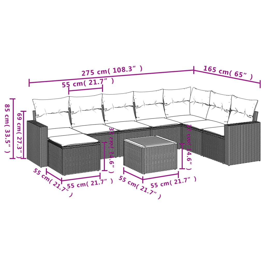 Set Divani da Giardino 9 pz con Cuscini Nero in Polyrattan | homemem39